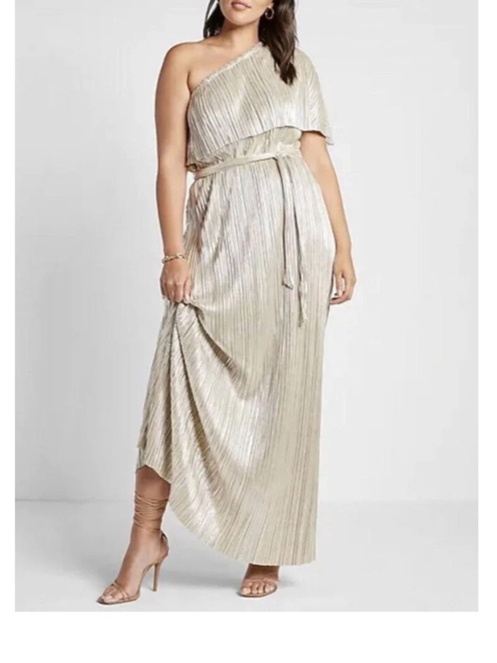 Express x Rachel Zoe One-Shoulder Metallic Pleated Gown